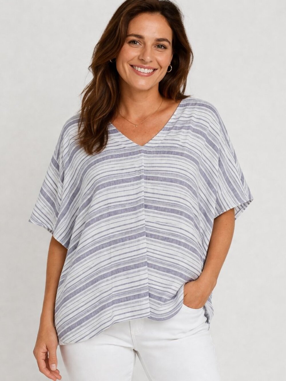 St Tropez Linen Top Womens XL Blue White Stripe V Neck Oversized Summer Blouse